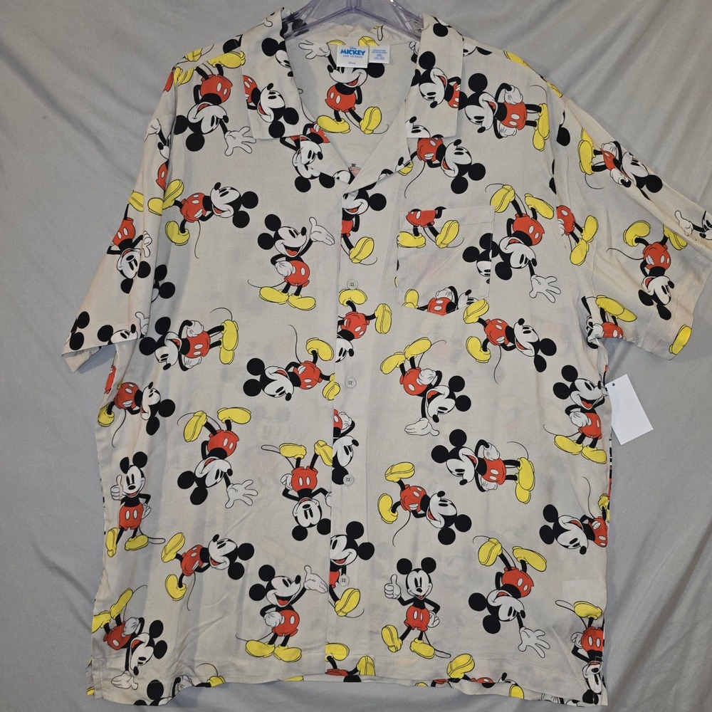 Disney Mickey and Friends Button Down Shirt 2XL Mens Tan All Over Print Rayon